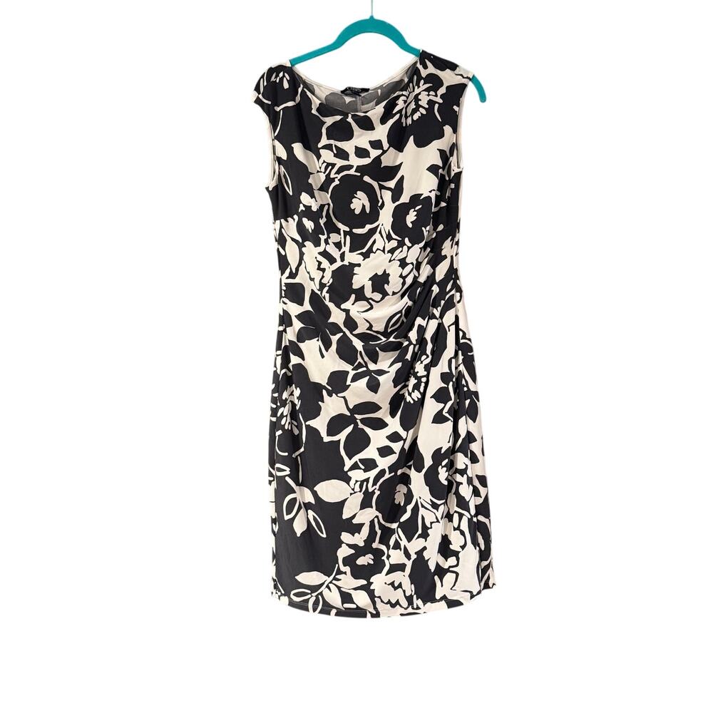 Chaps Navy & White Sheath Dress Medium Ruched Stretch Lined Career Cocktail